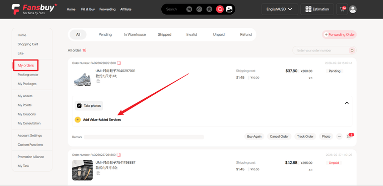 Fansbuy interface — Pay the item + flat 8% fee